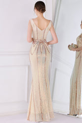 Gold Sequins Sheath Prom Dress with Fringes